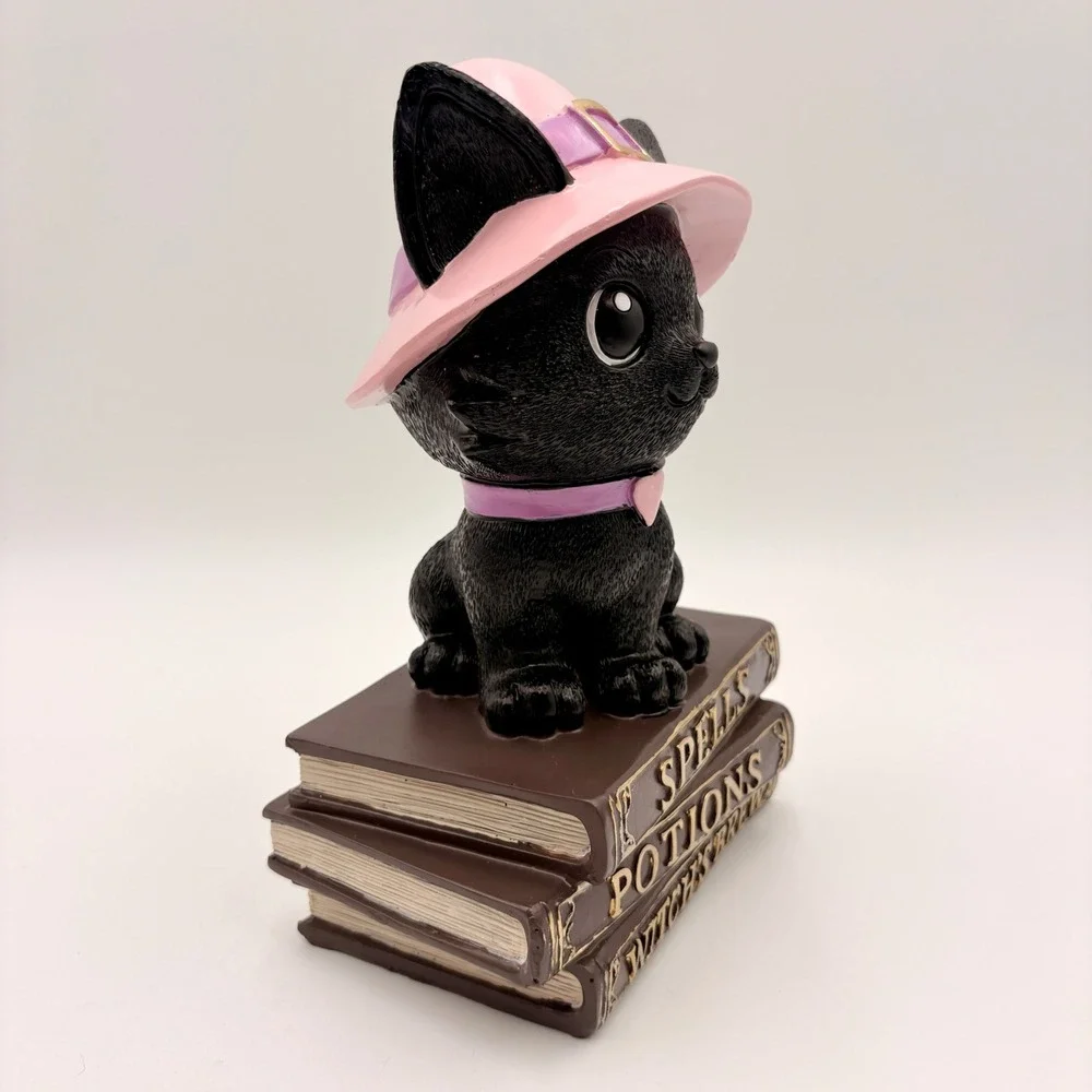 Halloween Black Cat Witch Figurine on Spell Books Pink Hat Spooky Cute Decor